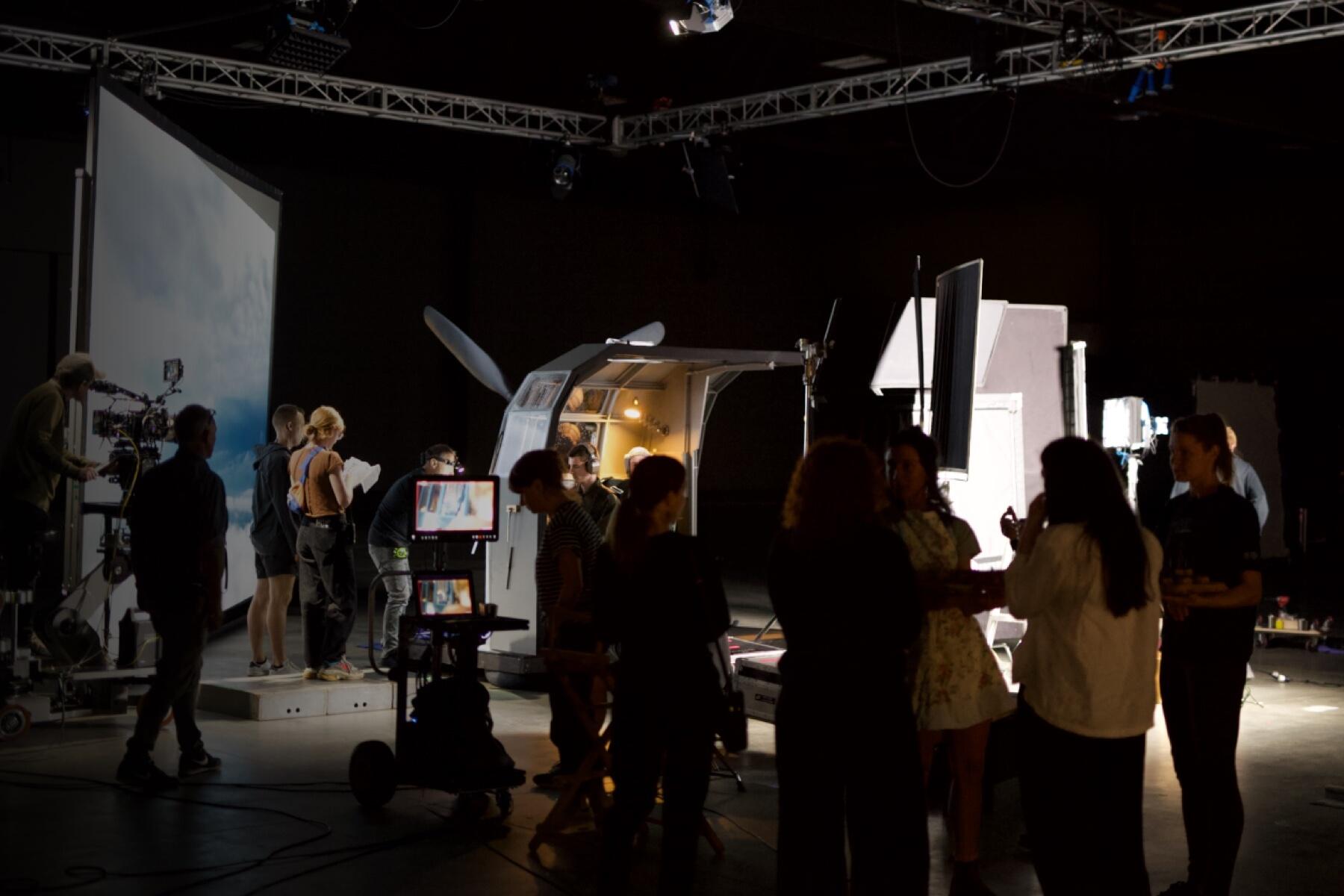 Production set with filming crew